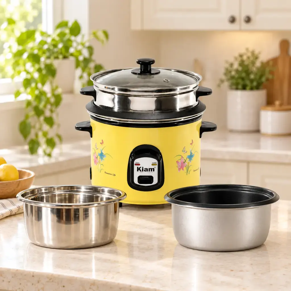 Kiam SFB-5702 1.8L Double Pot Rice Cooker with Steamer – Yellow, 700W