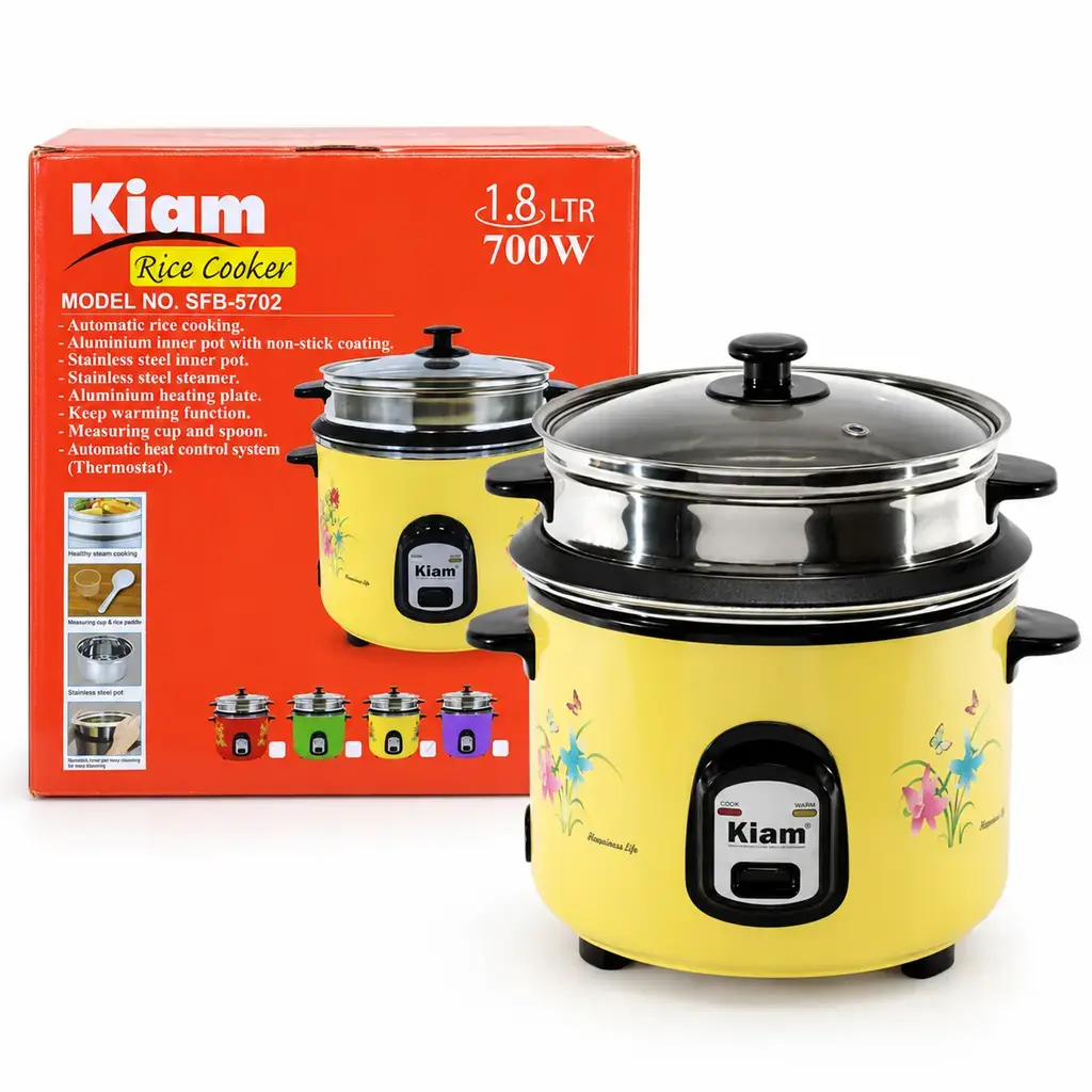 Kiam SFB-5702 1.8L Double Pot Rice Cooker with Steamer – Yellow, 700W