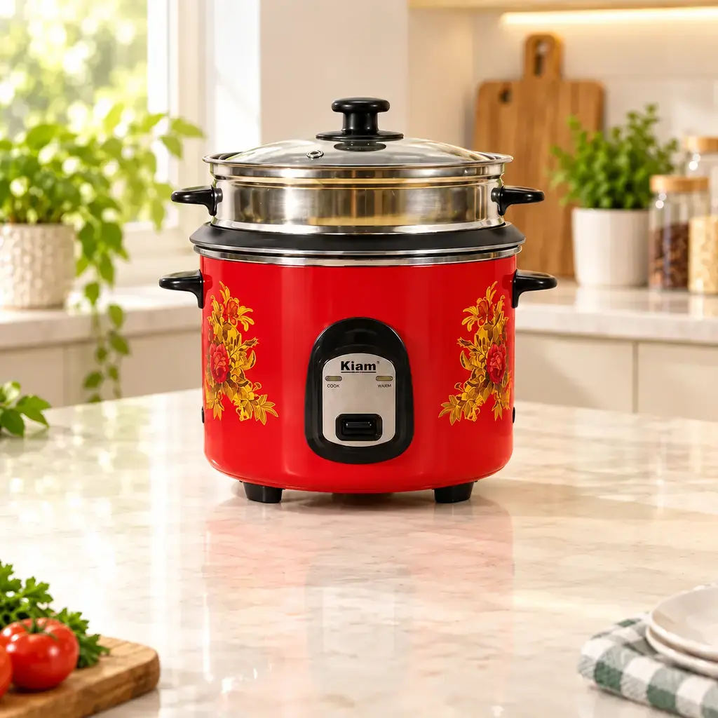Kiam SFB-5702 1.8L Double Pot Rice Cooker with Steamer – Red, 700W