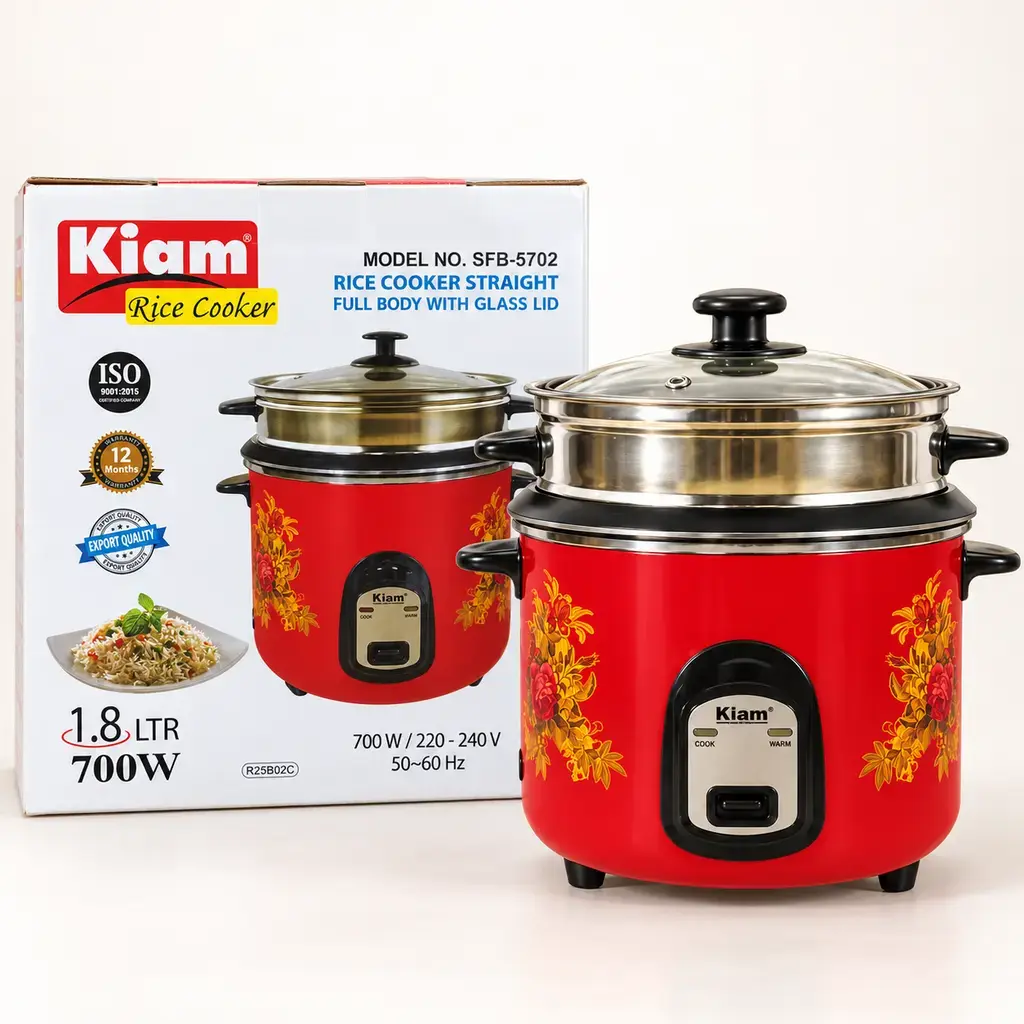 Kiam SFB-5702 1.8L Double Pot Rice Cooker with Steamer – Red, 700W