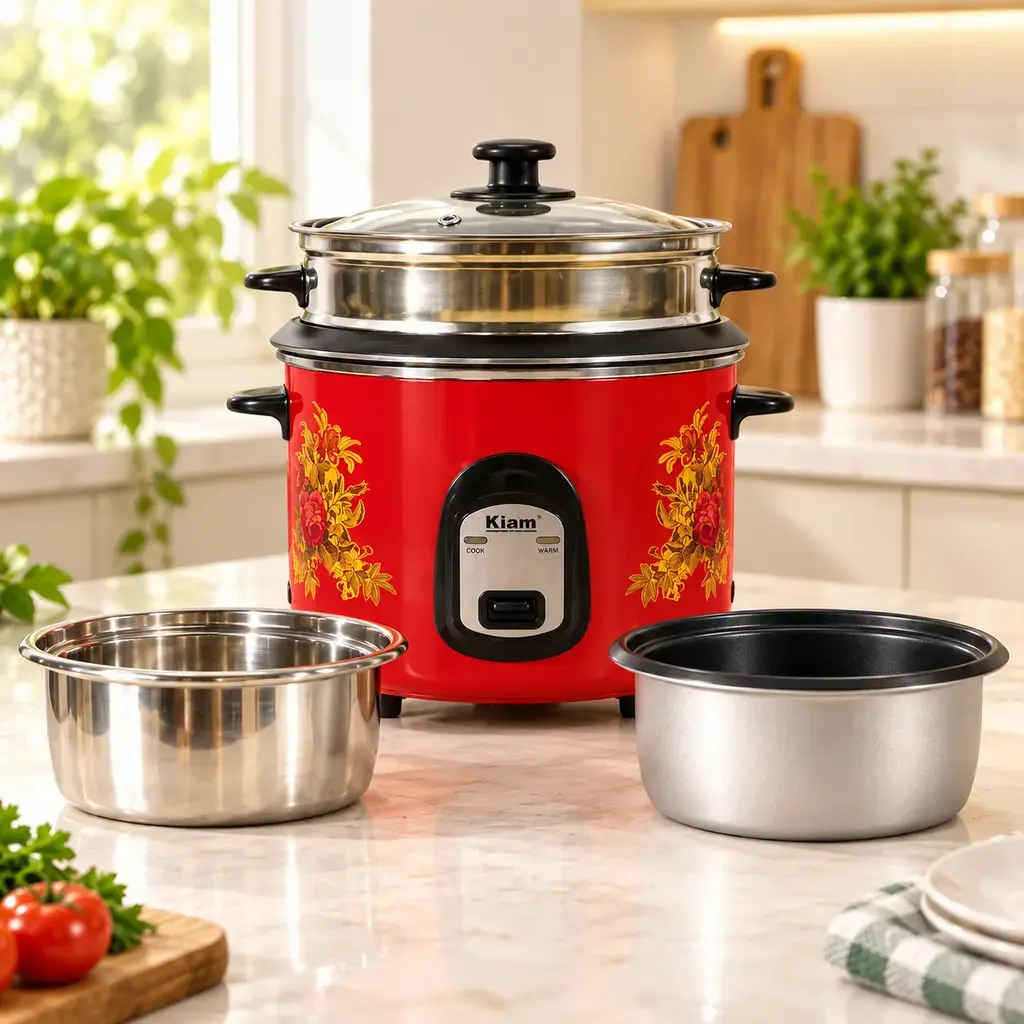 Kiam SFB-5702 1.8L Double Pot Rice Cooker with Steamer – Red, 700W