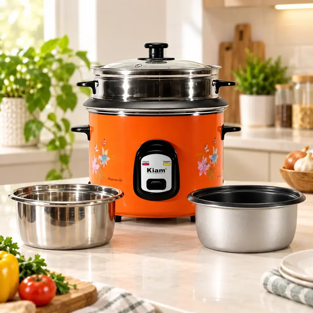 Kiam SFB-5702 1.8L Double Pot Rice Cooker with Steamer –Orange, 700W