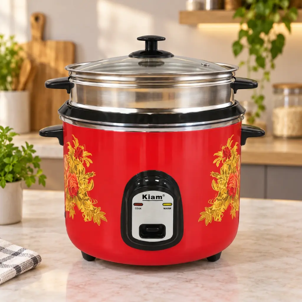 Kiam SFB-5704 Rice Cooker 2.8L – 1000W with Glass Lid & Steamer