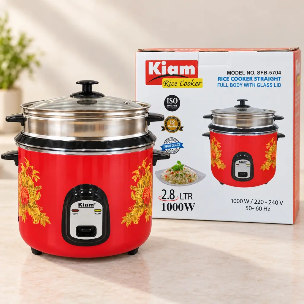 Kiam SFB-5704 Rice Cooker 2.8L – 1000W with Glass Lid & Steamer