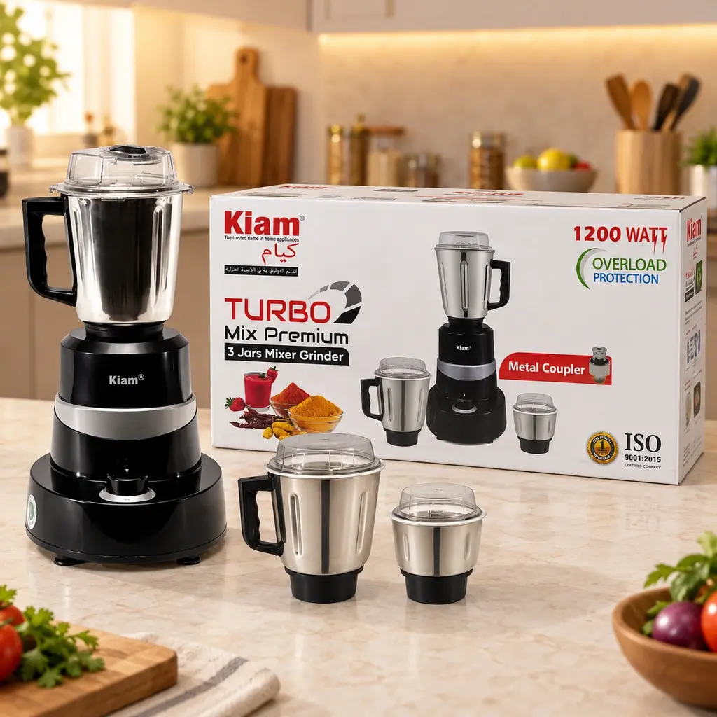 Kiam Turbo Mix Premium 3 Jar Mixer Grinder – 1200W – Black