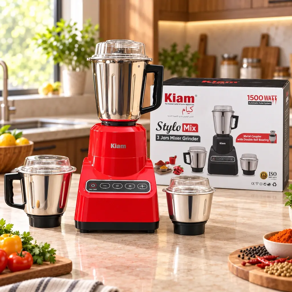 Kiam Stylo Mix 3 Jar Mixer Grinder – 1500W – Red