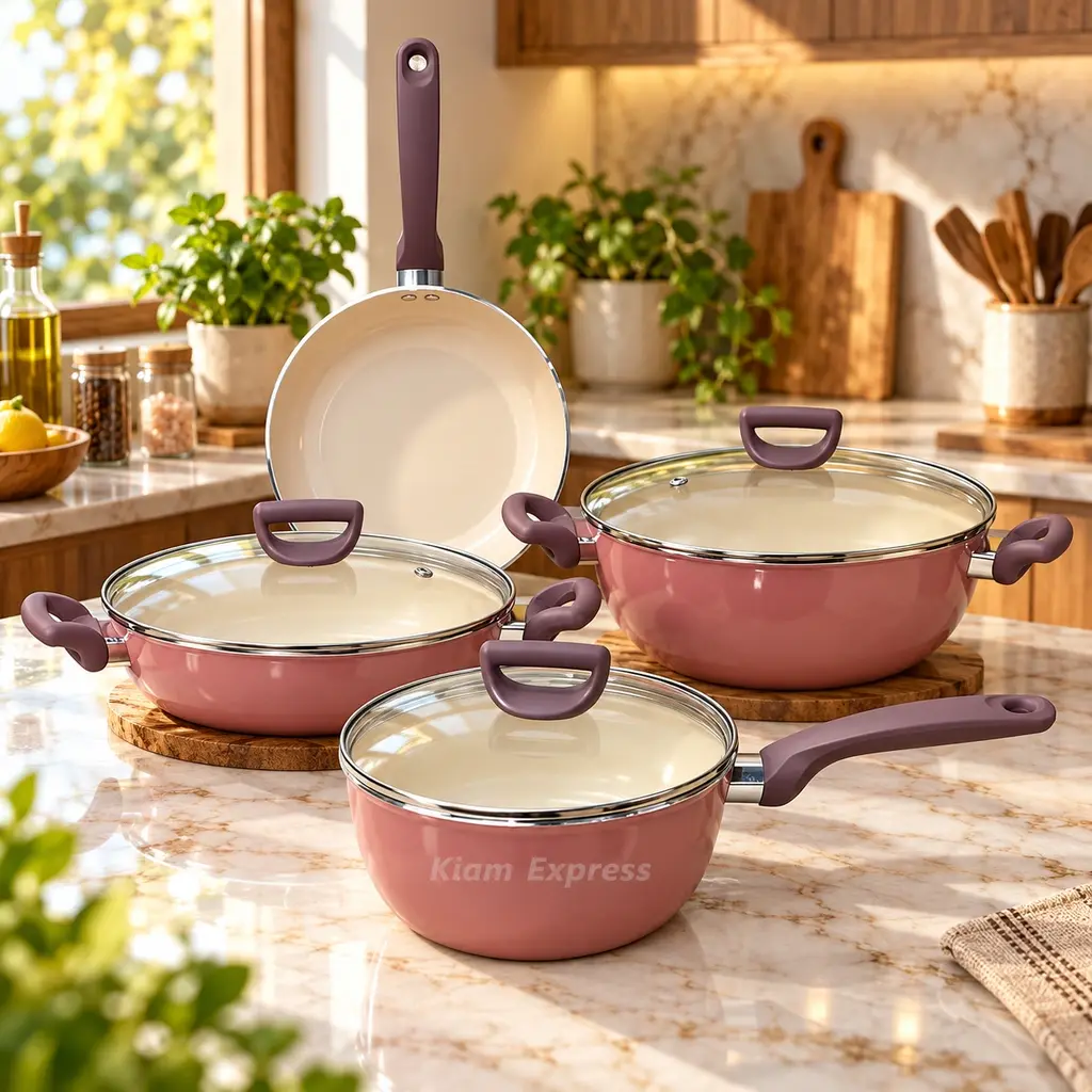 Kiam 7-Piece Ceramic Cookware Set – Dusty Pink