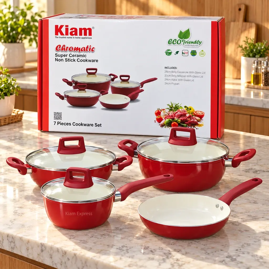 Kiam 7-Piece Ceramic Cookware Set – Red