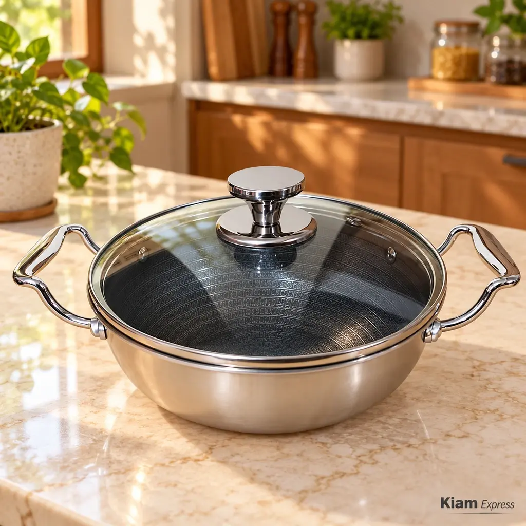 Kiam HI-TECH Tri-Ply Stainless Steel Karai with Glass Lid – 20cm – 1.5L