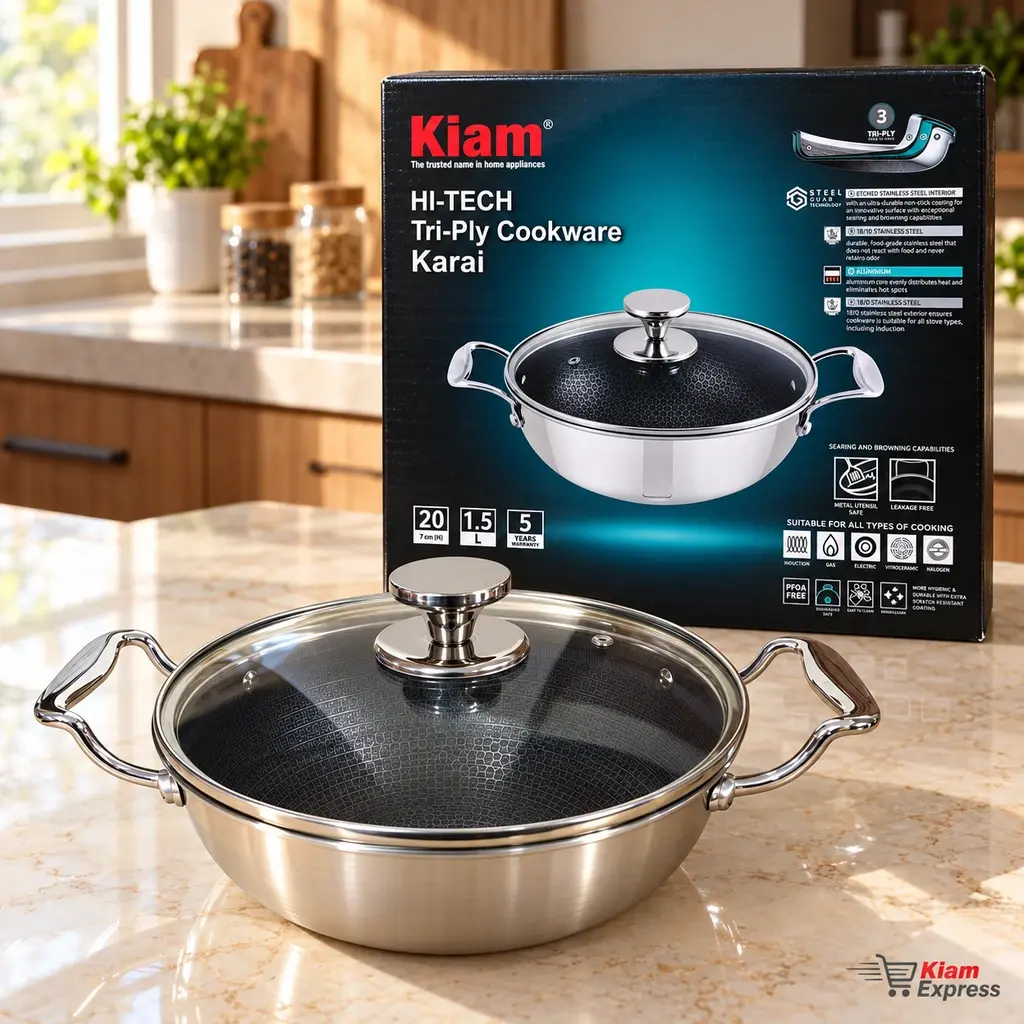 Kiam HI-TECH Tri-Ply Stainless Steel Karai with Glass Lid – 20cm – 1.5L