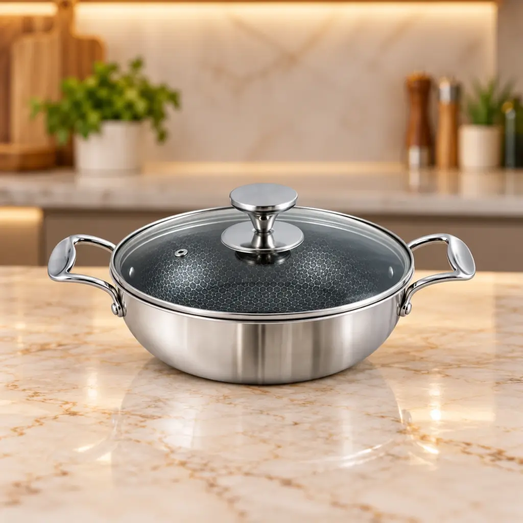 Kiam HI-TECH Tri-Ply Stainless Steel Karai with Glass Lid – 22cm – 2.2L