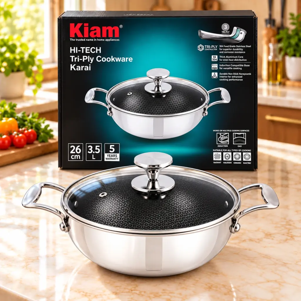 Kiam HI-TECH Tri-Ply Stainless Steel Karai with Glass Lid – 22cm – 2.2L