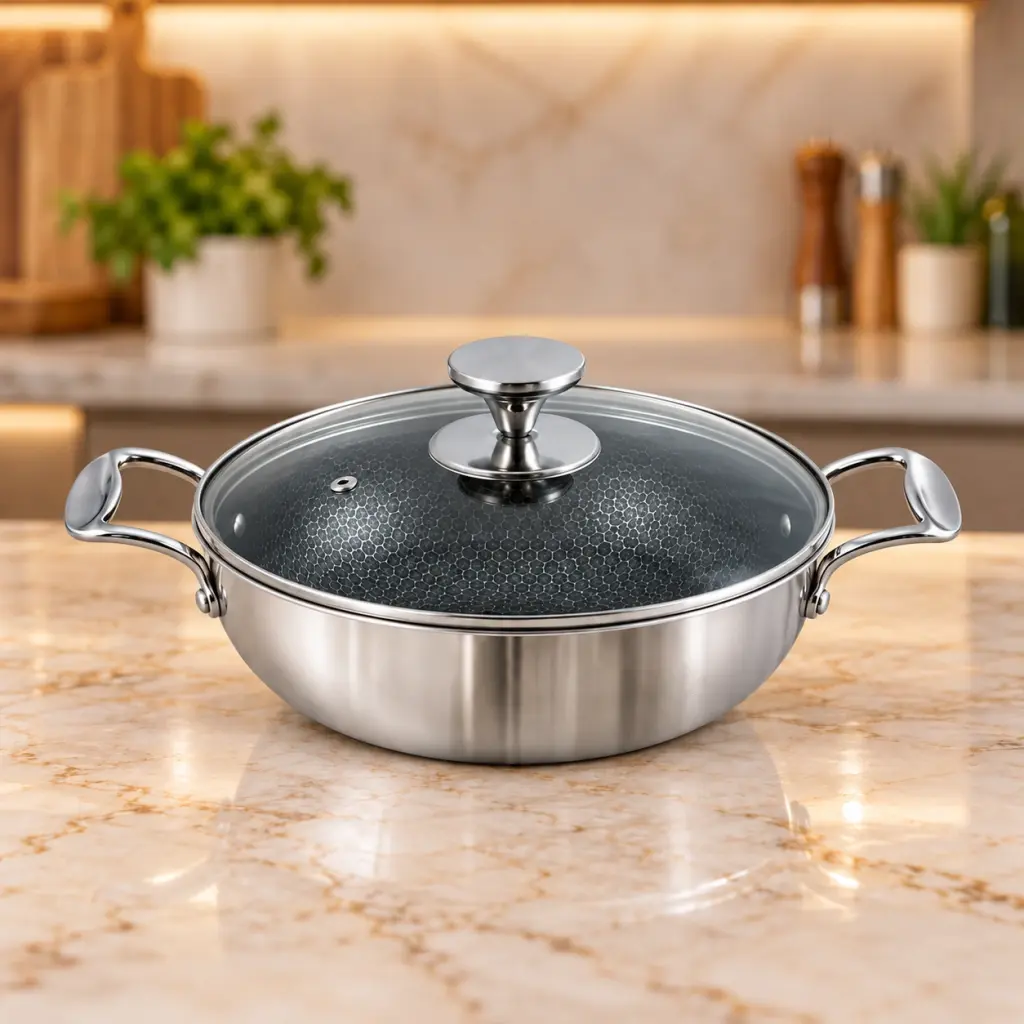 Kiam HI-TECH Tri-Ply Stainless Steel Karai with Glass Lid – 24cm – 2.5L