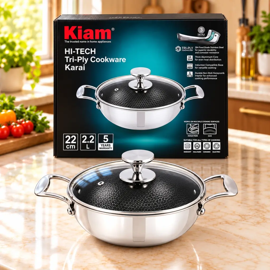 Kiam HI-TECH Tri-Ply Stainless Steel Karai with Glass Lid – 24cm – 2.5L