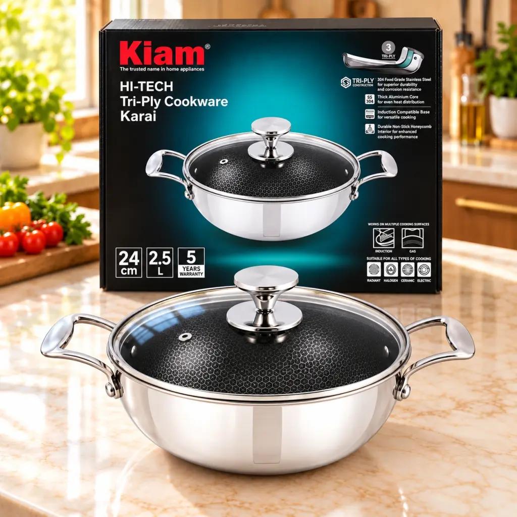 Kiam HI-TECH Tri-Ply Stainless Steel Karai with Glass Lid – 26cm – 3.5L