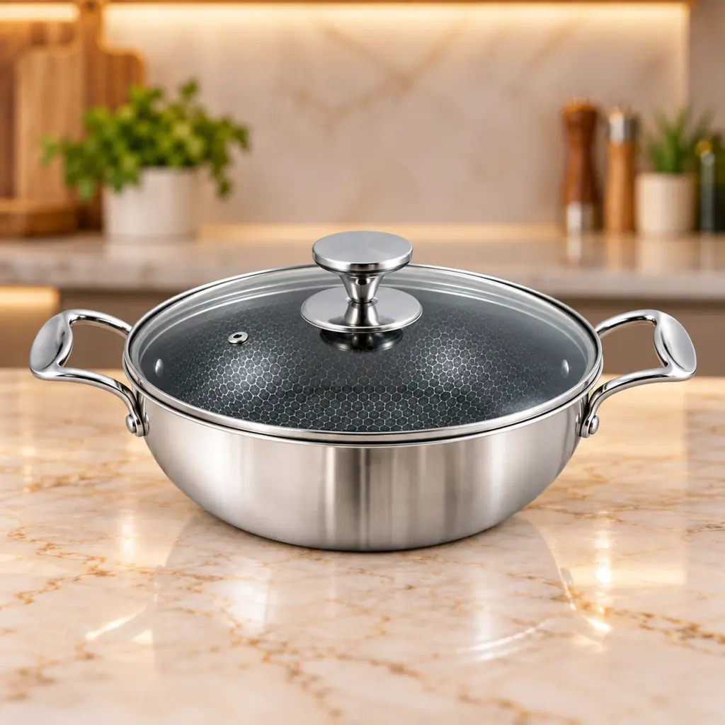 Kiam HI-TECH Tri-Ply Stainless Steel Karai with Glass Lid – 28cm – 4.5L
