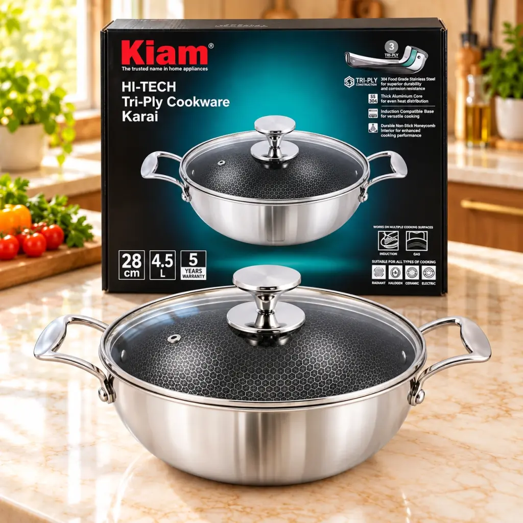 Kiam HI-TECH Tri-Ply Stainless Steel Karai with Glass Lid – 28cm – 4.5L