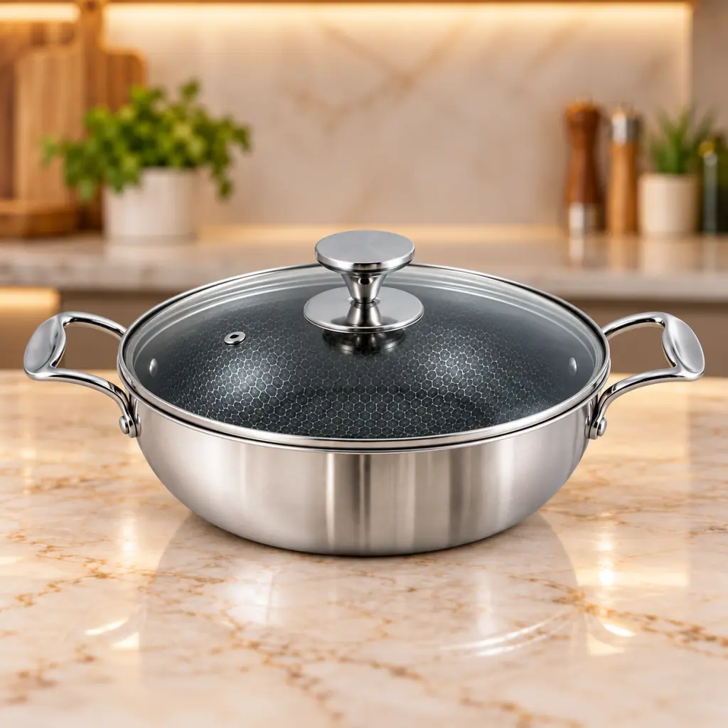 Kiam HI-TECH Tri-Ply Stainless Steel Karai with Glass Lid – 32cm – 5.8L