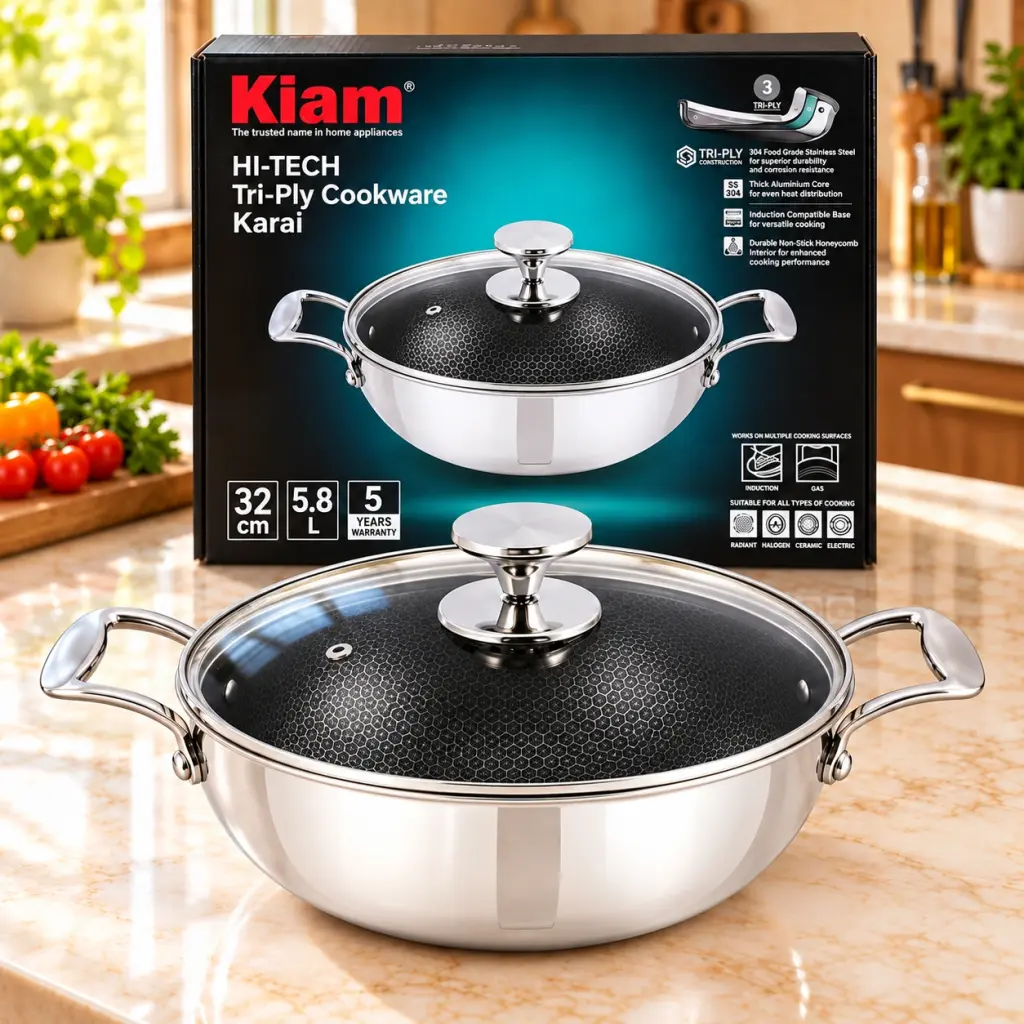 Kiam HI-TECH Tri-Ply Stainless Steel Karai with Glass Lid – 32cm – 5.8L
