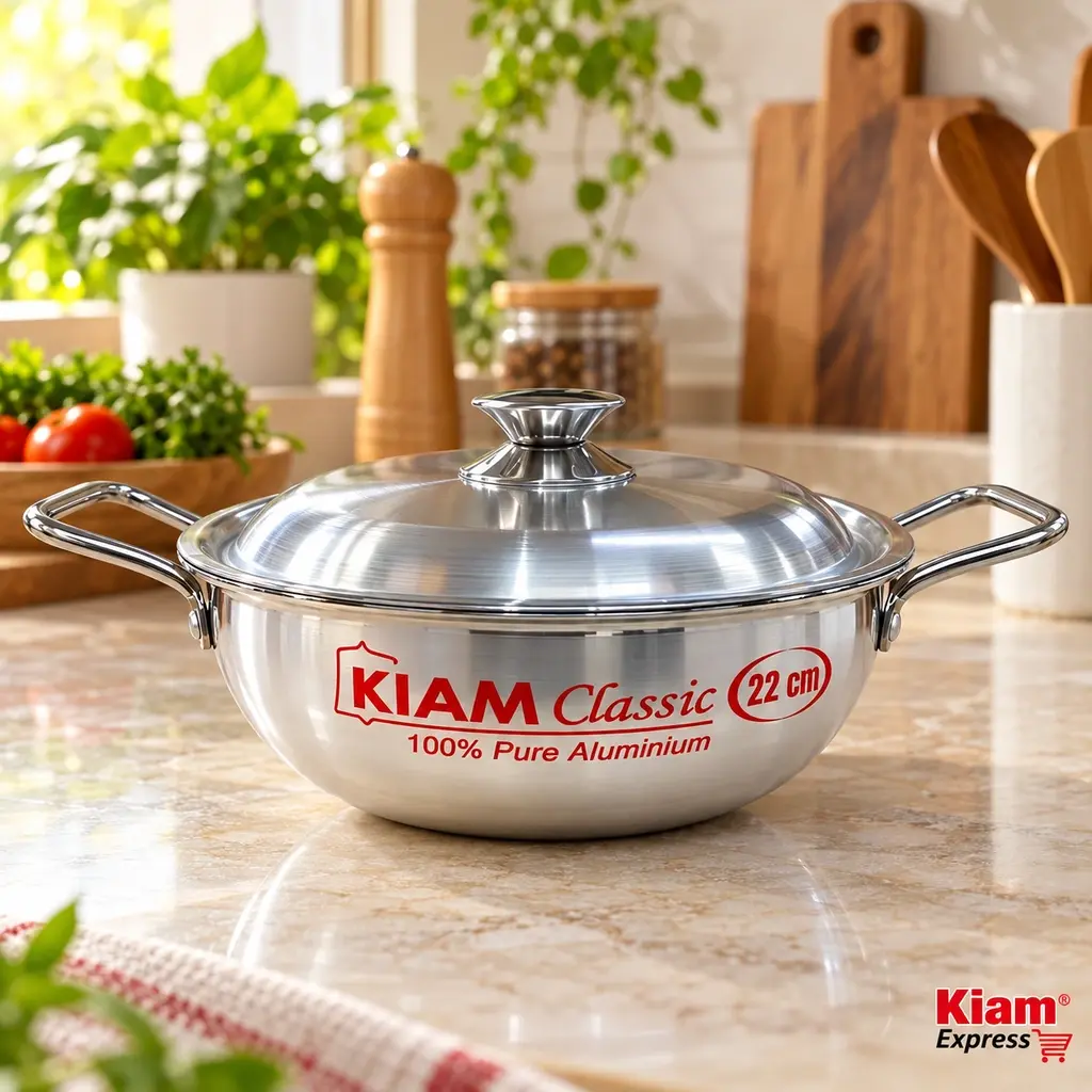 Kiam Aluminium Karai with Metal Handles & Lid – 22cm