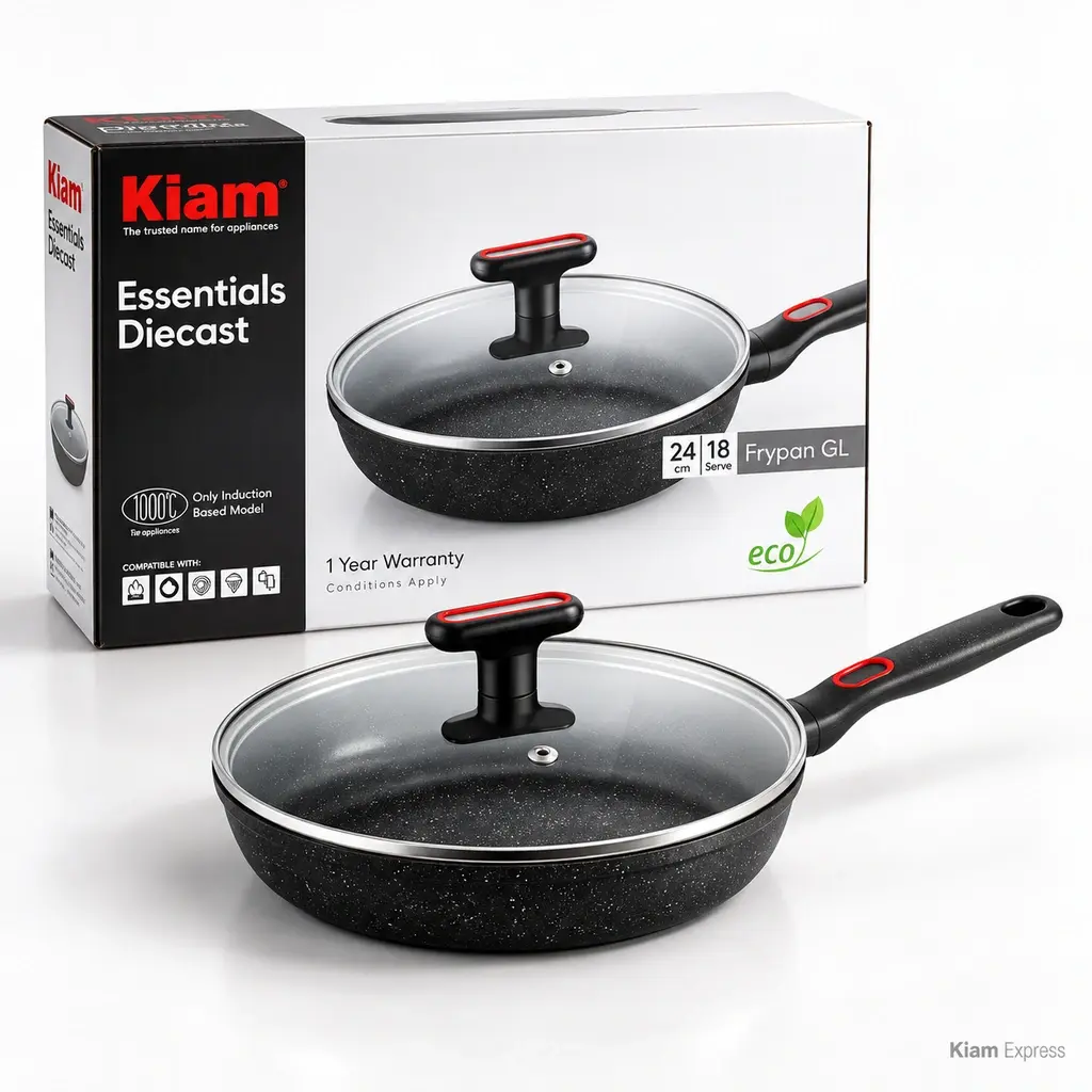 Kiam Essentials Diecast Frypan with Glass Lid – 24cm