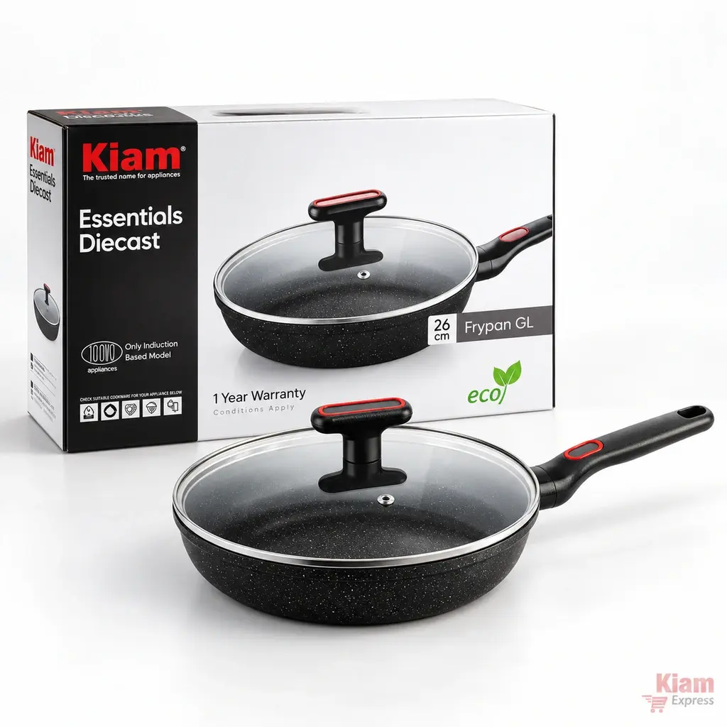 Kiam Essentials Diecast Frypan with Glass Lid – 26cm