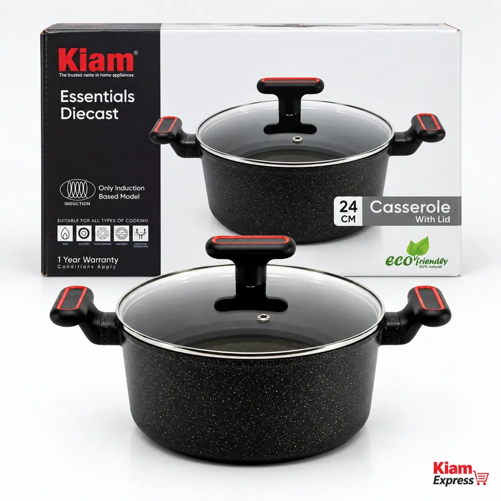 Kiam Essentials Diecast Casserole with Glass Lid – 24cm