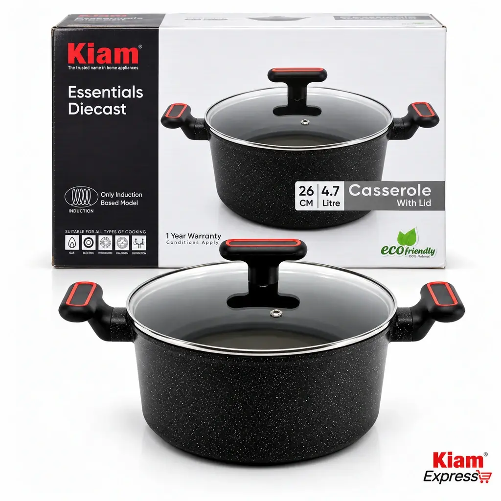 Kiam Essentials Diecast Casserole with Glass Lid – 26cm, 4.7L