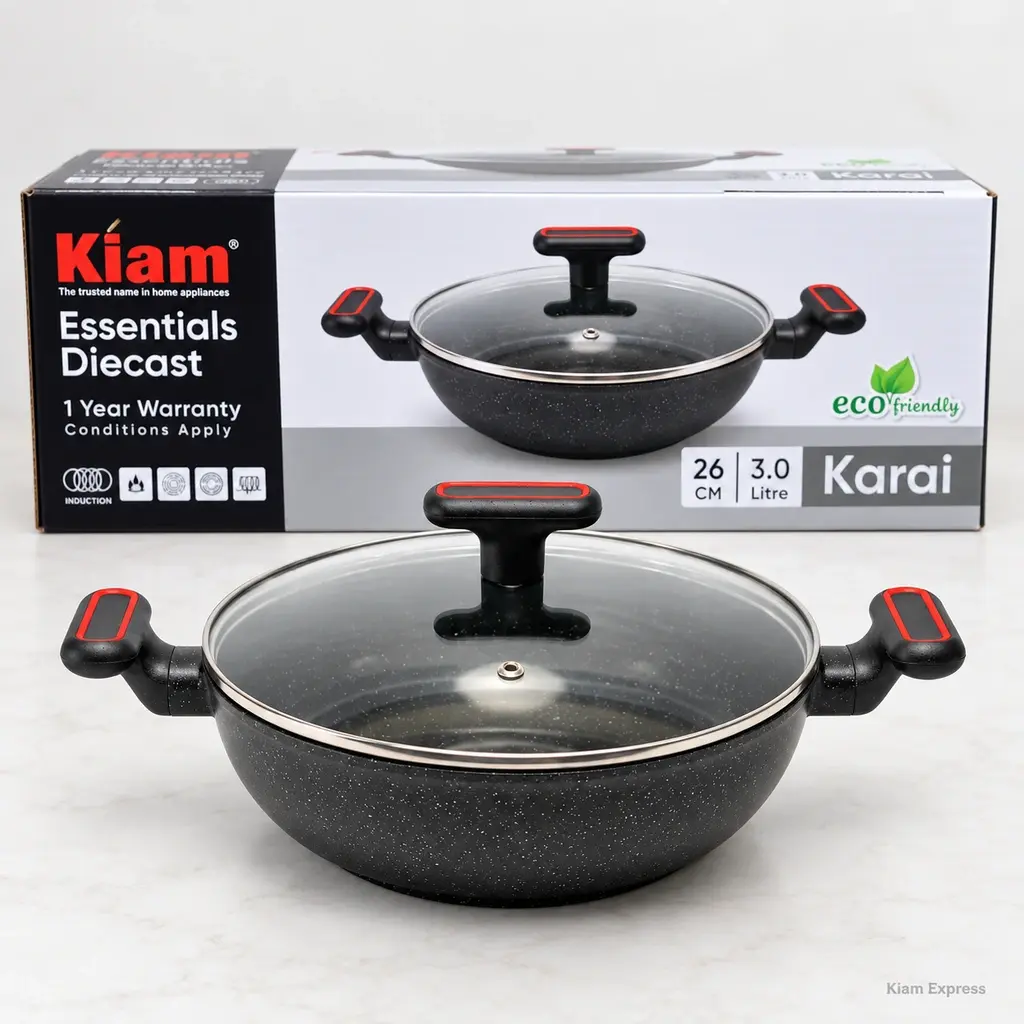 Kiam Essentials Diecast Karai with Glass Lid – 26cm, 3.0L