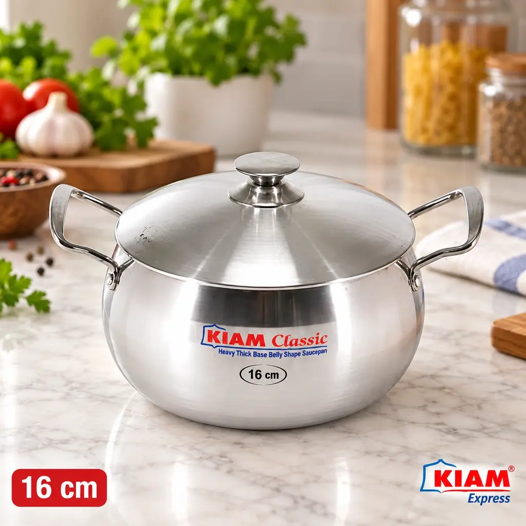 Kiam Classic Heavy Thick Base Belly Shape Saucepan with Lid – 16cm