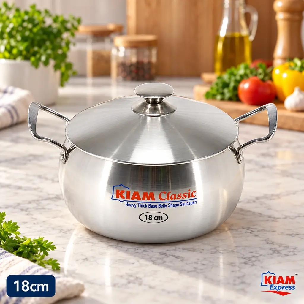 Kiam Classic Heavy Thick Base Belly Shape Saucepan with Lid – 18cm