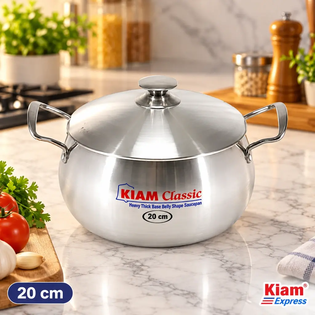 Kiam Classic Heavy Thick Base Belly Shape Saucepan with Lid – 20cm