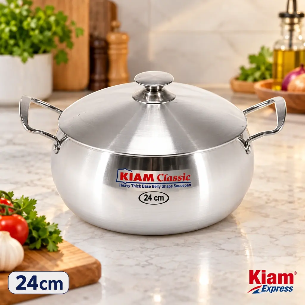 Kiam Classic Heavy Thick Base Belly Shape Saucepan with Lid – 24cm