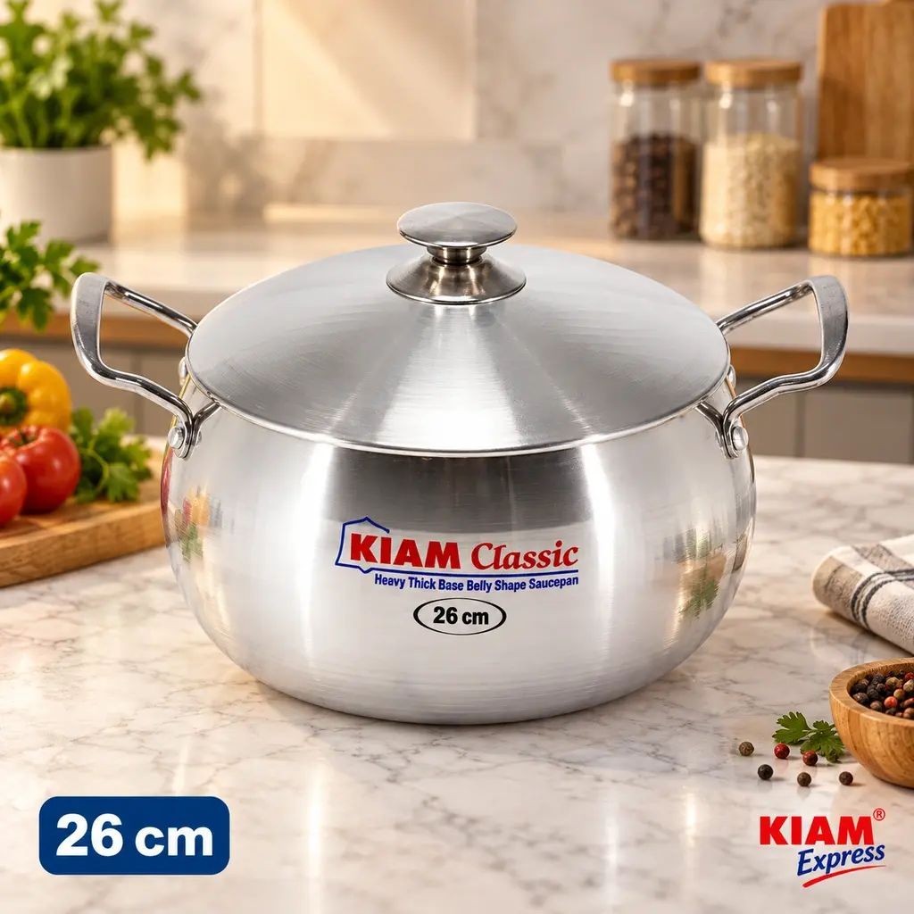 Kiam Classic Heavy Thick Base Belly Shape Saucepan with Lid – 26cm