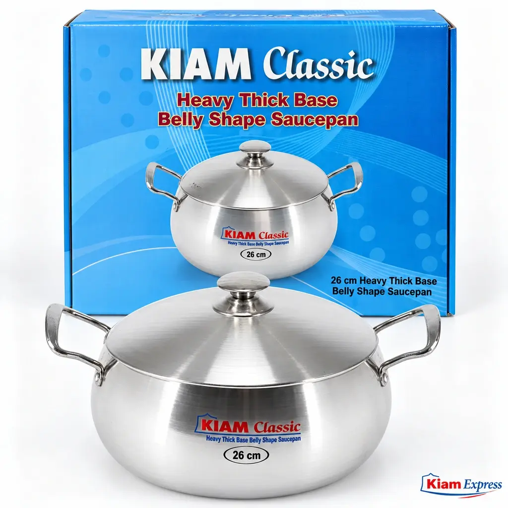 Kiam Classic Heavy Thick Base Belly Shape Saucepan with Lid – 26cm