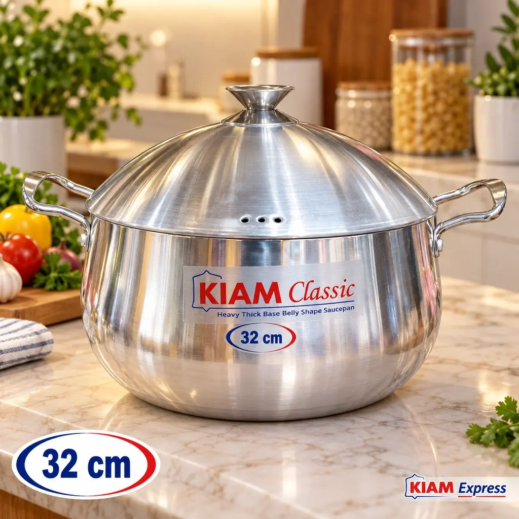 Kiam Classic Heavy Thick Base Belly Shape Saucepan with Lid – 32cm