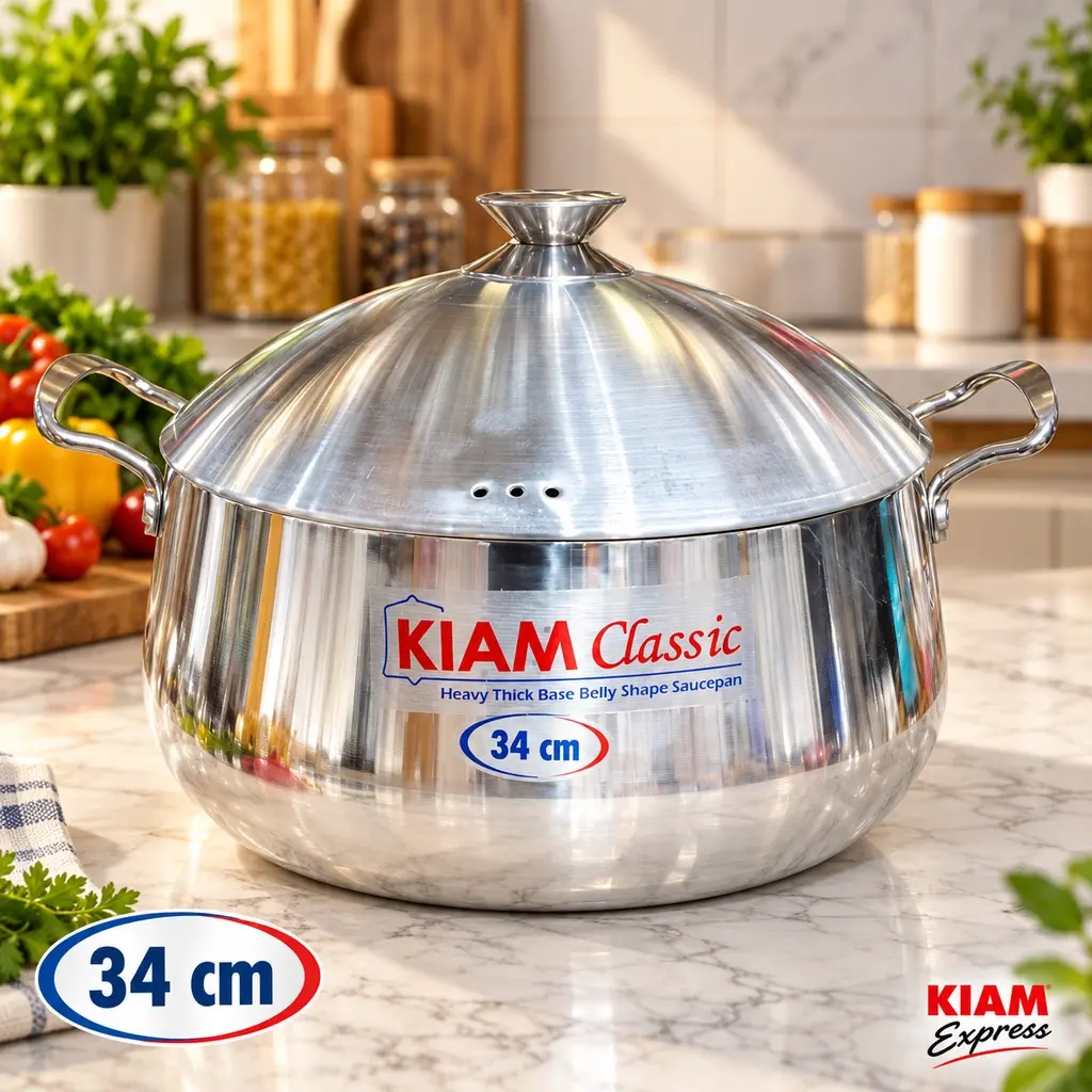 Kiam Classic Heavy Thick Base Belly Shape Saucepan with Lid – 34cm