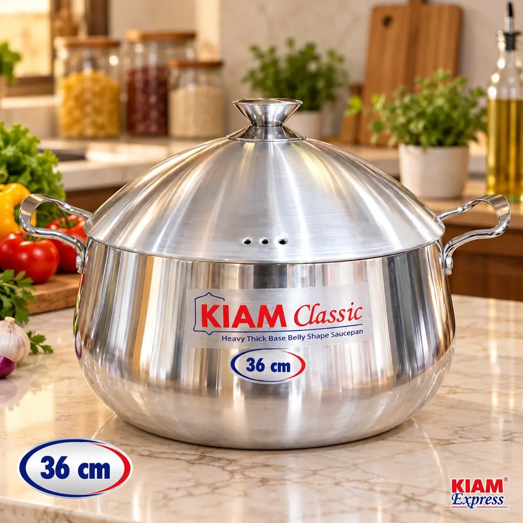 Kiam Classic Heavy Thick Base Belly Shape Saucepan with Lid – 36cm