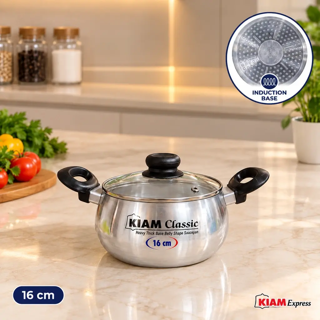 Kiam Classic Induction Base Belly Shape Saucepan with Glass Lid – 16cm