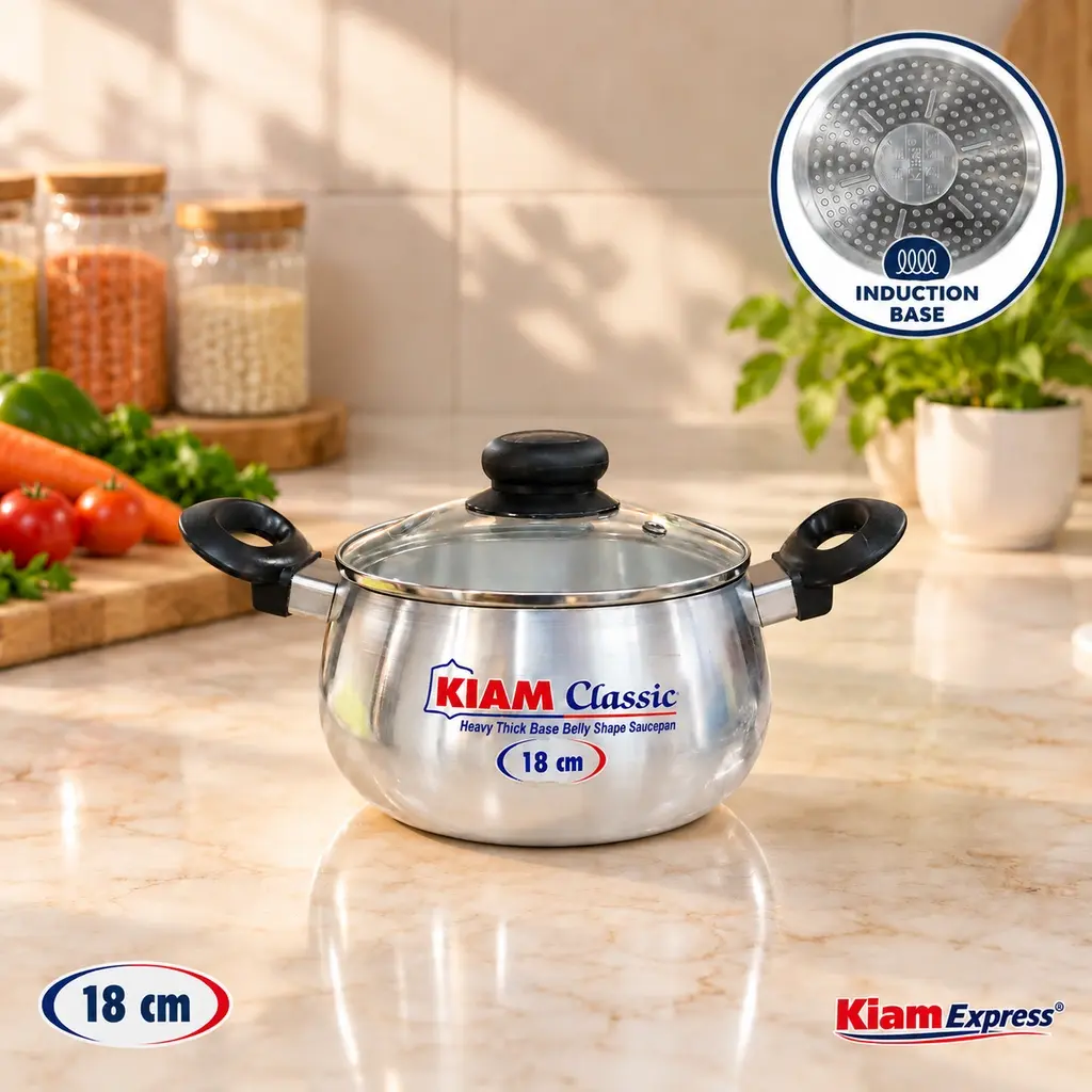 Kiam Classic Induction Base Belly Shape Saucepan with Glass Lid – 18cm