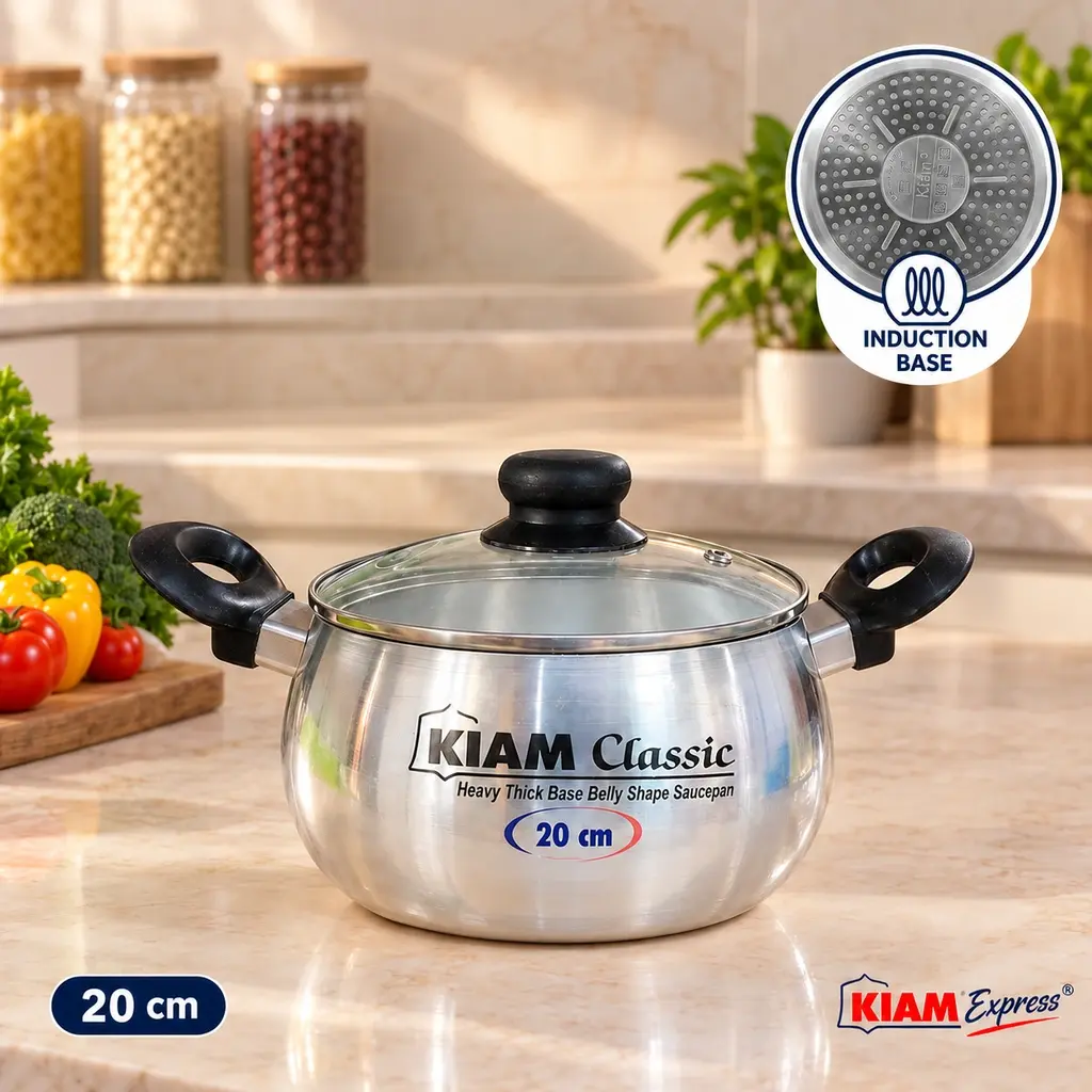 Kiam Classic Induction Base Belly Shape Saucepan with Glass Lid – 20cm