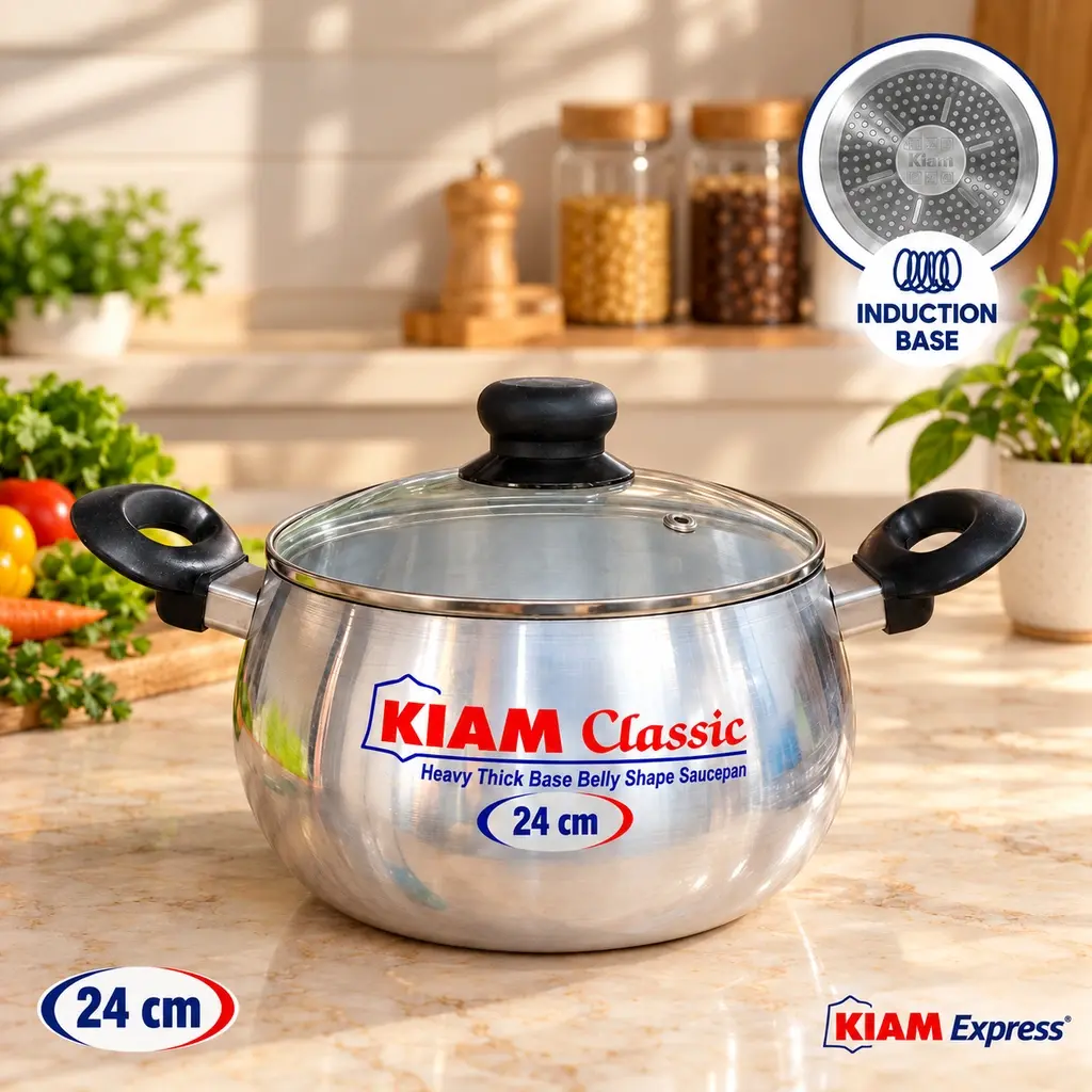 Kiam Classic Induction Base Belly Shape Saucepan with Glass Lid – 24cm