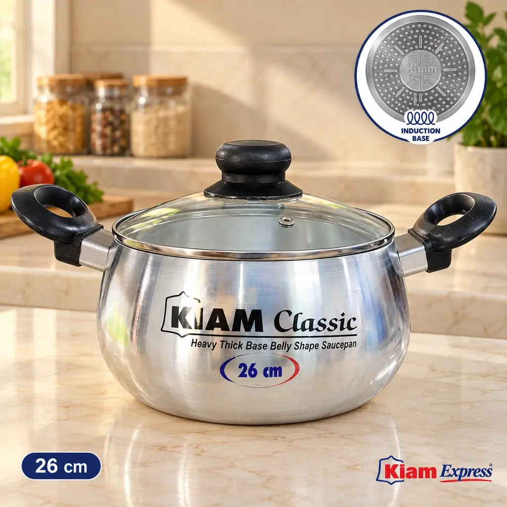 Kiam Classic Induction Base Belly Shape Saucepan with Glass Lid – 26cm