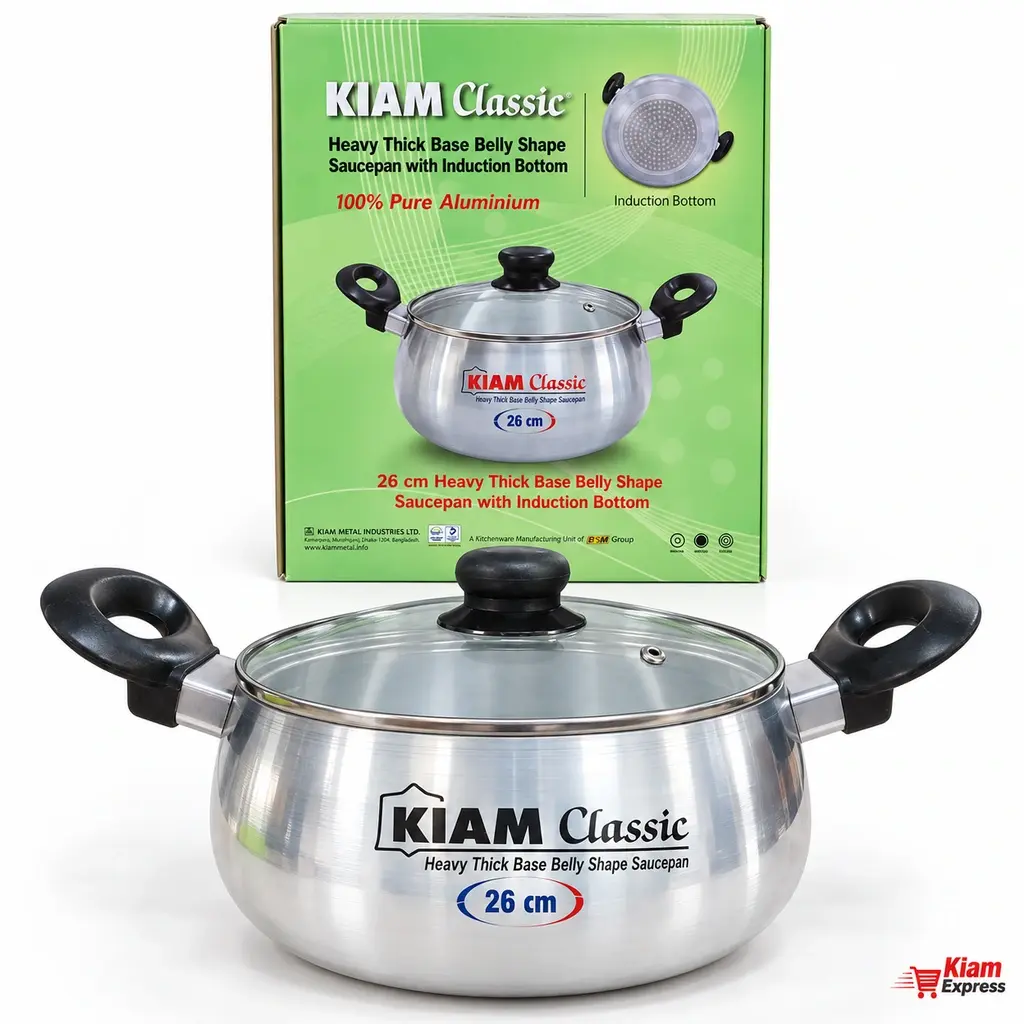 Kiam Classic Induction Base Belly Shape Saucepan with Glass Lid – 26cm