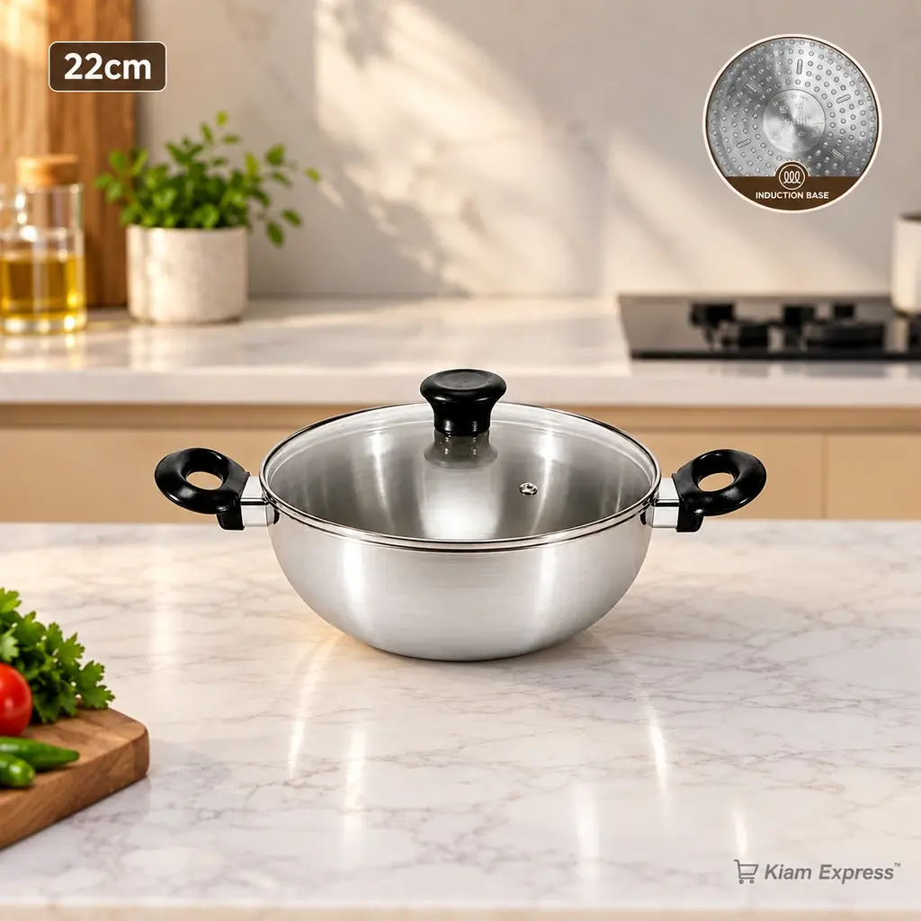 Kiam 22cm Aluminium Induction Base Karai with Glass Lid
