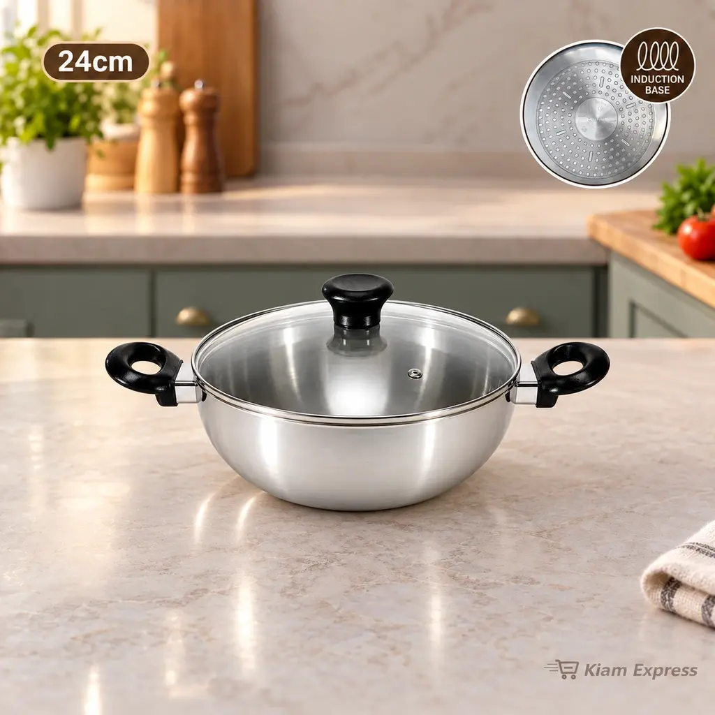 Kiam 24cm Aluminium Induction Base Karai with Glass Lid