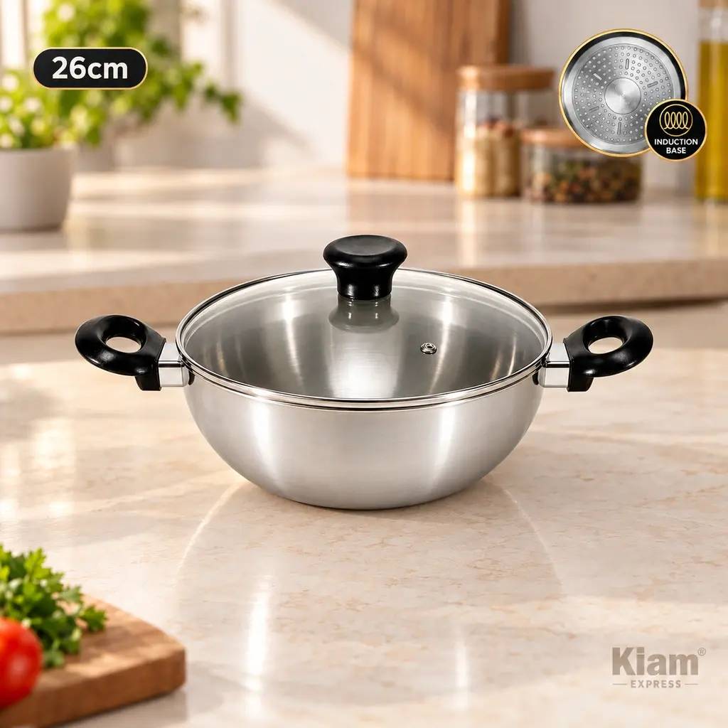 Kiam 26cm Aluminium Induction Base Karai with Glass Lid