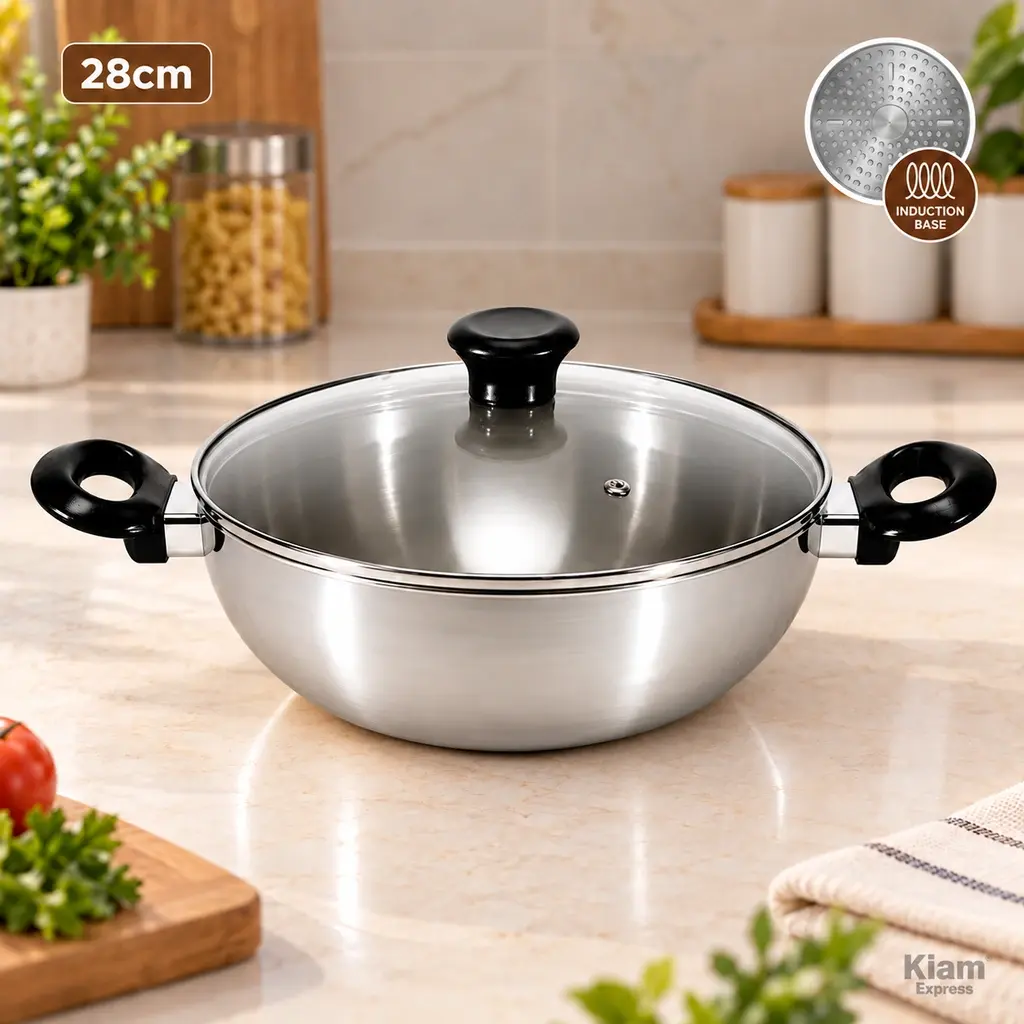 Kiam 28cm Aluminium Induction Base Karai with Glass Lid