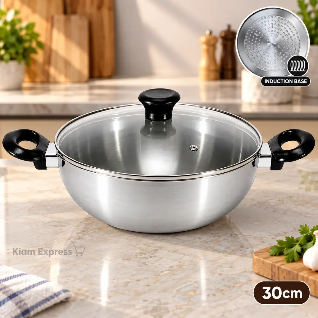 Kiam 30cm Aluminium Induction Base Karai with Glass Lid