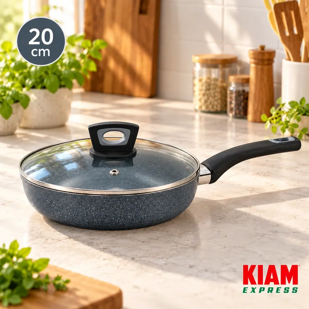 Kiam Marble Coated Frypan with Glass Lid – 20cm, 1.7L